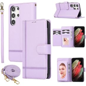 Compatible with Samsung Galaxy S24 Ultra 5G Wallet Case Wrist Strap, Crossbody Strap,Mirror PU Leather Flip Card Holder Stand Cell Phone Cover for S24Ultra 24S S 24 24Ultra Women Men Rose Gold