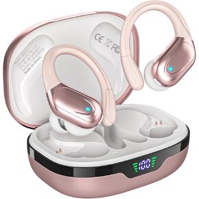 Wireless Earbuds Bluetooth Headphones 80H Playback Ear Buds Power Display with Noise Canceling Mic with Earhooks for Sports/Workout - Rose Gold
