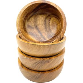 Acacia Wood Bowl Set of 4, 7" Round x 2" Tall, Perfect for Individual Portions, Salads, Snacks, and Desserts, Handmade, Rustic, Durable, Natural Bowls for Kitchen or Dining Table
