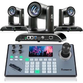 Tenveo PTZ Camera and Controller Bundle/Kits - 12X AI Auto Tracking NDI PTZ Camera(3pcs) with SDI/HDMI/USB3.0/LAN(PoE) and PTZ Controller Joystick Keyboard for Church Worship Services Live Streaming