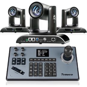 Tenveo PTZ Camera and Controller Bundle/Kits - 12X AI Auto Tracking NDI PTZ Camera(3pcs) with SDI/HDMI/USB3.0/LAN(PoE) and PTZ Controller Joystick Keyboard for Church Worship Services Live Streaming