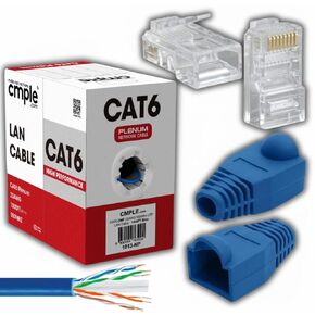 Cmple - Blue Cat6 Plenum Ethernet Cable 1000ft 550MHz + 50 Pack Blue RJ45 Strain Relief Boots + 100 Pack RJ45 Shielded Crimp Connectors for Gigabit Speed Bundle