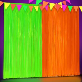 2 Pack Glow in The Dark Party Supplies 3.3 x 6.6 ft Neon Party Decorations UV Black Light Fluorescent Tinsel Foil Fringe Curtains for Birthday Photo Booth Prop Backdrop Streamer(Rose Pink)