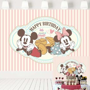Classic Mickey and Minnie Backdrop Happy Birthday Vintage Vertical Pink Stripe Background Retro Banner for Kids Party Decorations 5x3 ft 551