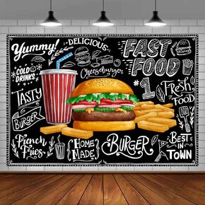 Burger French Fries Backdrop, 7x5ft Vinyl, Cooking Theme Fast Food Photogarphy Background for Children Photo Shoot Studio Props BJDWPR78
