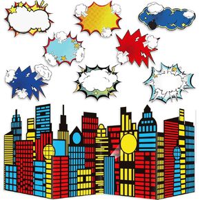 Hero Party Favors Hero Photography Background 47.3 x 15.8 Inch City Buildings Backdrop and 8 Pcs Cutouts for Kids Birthday Hero Themed Party Decorations