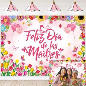 Feliz Dia de las Madres Backdrop 7x5FT Spanish Happy Mother's Day Photography Backdrop Pink Floral Feliz Dia Mama Mom Birthday Party Decoration Banner