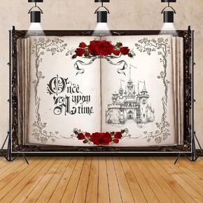 Leowefowa 10x8ft Once Upon a Time Backdrop for Photography Vintage Fairy Tale Books Opening Background Ancient Castle Red Rose Floral Romantic Story Birthday Wedding Party Banner Decor Studio Prop