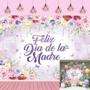 Feliz Día de La Madre Backdrop Purple Flowers Butterfly Mothers Day Background for Photography Mothers Day Party Decoration Photo Booth Props (7X5FT)