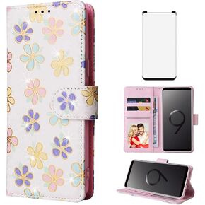 حالة هاتف ASUWISH لـ Samsung Galaxy S9 Wallet Lanyard Wrist Strap غطاء خلايا الوعرة مع زهرة الشاشة الزجاجية ذات الحامي ، حامل بطاقة زهرة