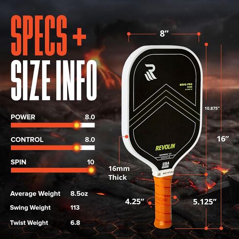 Revo Pro Reach Hybrid | Spin + Power + Control | مجداف المخلل الممتاز المصنوع في الولايات المتحدة | Lavaflx ™ Face 16mm Poly Honeycomb Core | USA Pickleball المعتمد مضرب المخلل | مجداف الحمم البركانية in Saudi Arabia