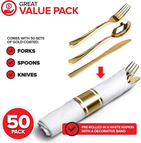 100 Pack Pre Rolled Silver Plastic Cutlery Set, Individually Wrapped Plastic Silverware Set with 100 Forks, 100 Knives, 100 Spoons, 100 Napkins, Disposable Utensils for Party and Wedding in Kuwait