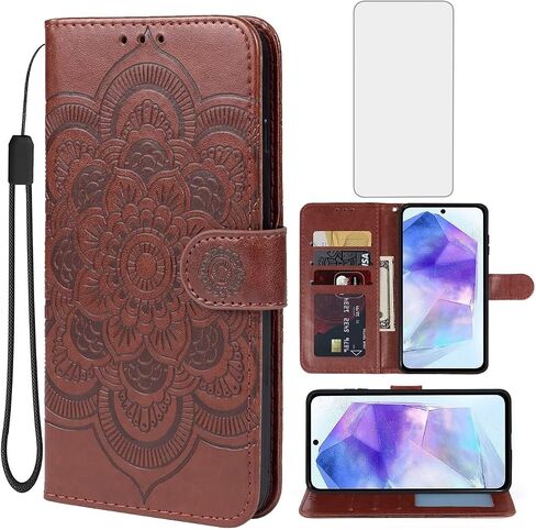 Case for Galaxy A55, Samsung A55 SM-A556U Wallet Case with Tempered Glass Screen Protector, Mandala Leather Flip Credit Card Holder Stand Phone Cover Cases for Samsung Galaxy A55 5G Purple in Kuwait