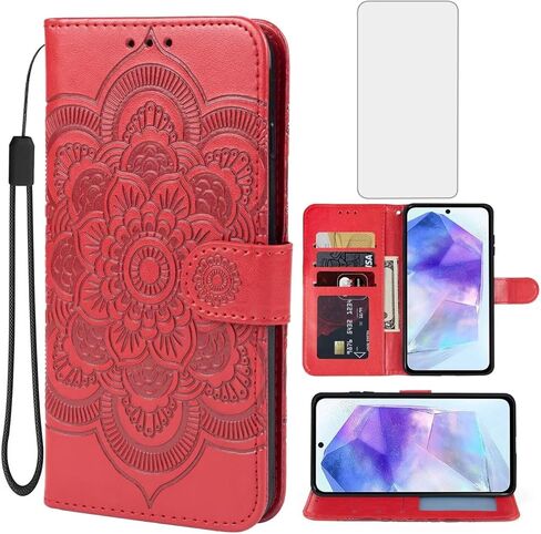Case for Galaxy A55, Samsung A55 SM-A556U Wallet Case with Tempered Glass Screen Protector, Mandala Leather Flip Credit Card Holder Stand Phone Cover Cases for Samsung Galaxy A55 5G Purple in Kuwait