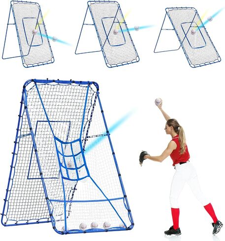 5×4FT Baseball Pitching Rebounder Net, Softball Practice Equipment for Pitch Back with 2 x 6-Angle Quick Adjustments, Batting Target Ribbon, Sport Training Hitting Nets for Backyard in Kuwait