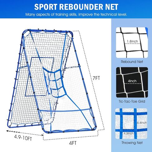 5×4FT Baseball Pitching Rebounder Net, Softball Practice Equipment for Pitch Back with 2 x 6-Angle Quick Adjustments, Batting Target Ribbon, Sport Training Hitting Nets for Backyard in Kuwait