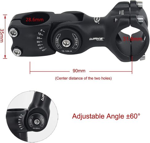 Wake Bike stem 25.4 31.8 0-60 Degree 90mm 110mm 130mm，Bike Adjustable stem for Mountain Bike, Road Bike, MTB, BMX, Cycling in Kuwait