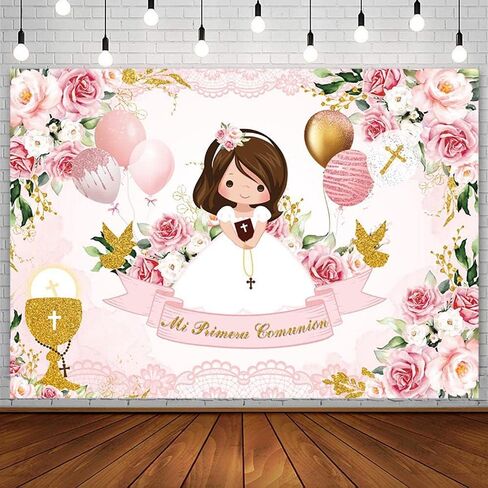 7x5ft Baptism Backdrop for Girl Mi Primera Comunion Christening Photography Background God Bless First Holy Communion Mi Bautizo Chalice Balloon Pink Floral Party Decorations Banner Photo Props in Saudi Arabia
