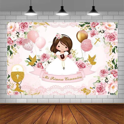 7x5ft Baptism Backdrop for Girl Mi Primera Comunion Christening Photography Background God Bless First Holy Communion Mi Bautizo Chalice Balloon Pink Floral Party Decorations Banner Photo Props in Saudi Arabia