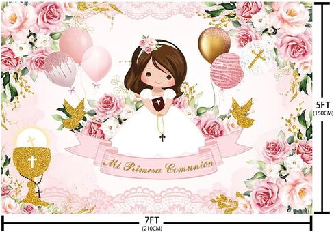 7x5ft Baptism Backdrop for Girl Mi Primera Comunion Christening Photography Background God Bless First Holy Communion Mi Bautizo Chalice Balloon Pink Floral Party Decorations Banner Photo Props in Saudi Arabia
