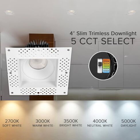 Maxxima 2" Trimless Ultra-Thin Recessed Anti-Glare LED Downlight Canless IC Rated 600 Lumens 5 Color Temperature Selectable 2700K/3000K/3500K/4000K/5000K Dimmable 90 CRI 5 CCT Square Slim J-Box Incl. in Kuwait