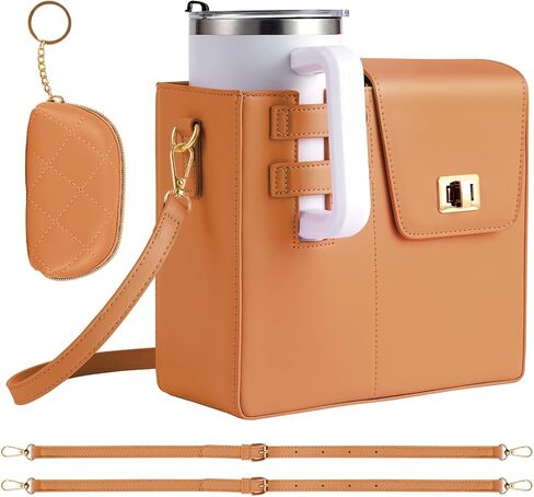 Outdoor Portable Crossbody Water Cup Storage Bag, Adjustable Crossbody Cup Holder Bag with Coin Purse and 2Pcs Replaceable Bag strap for Travel Daily Use (Pink) in Kuwait