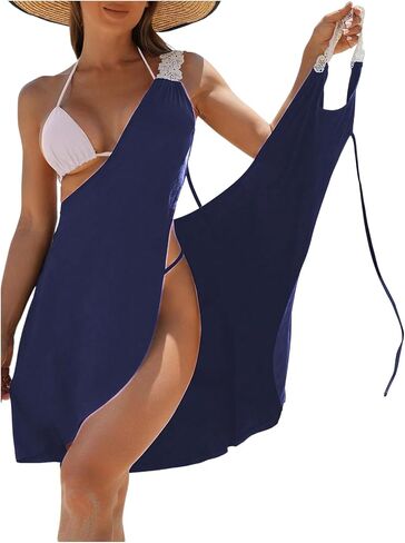 WDIRARA Women's Swimwear Wrap V Neck Criss Cross Tie Backless Cover Up Contrast Lace Sleeveless Halter Beach Dress in Kuwait