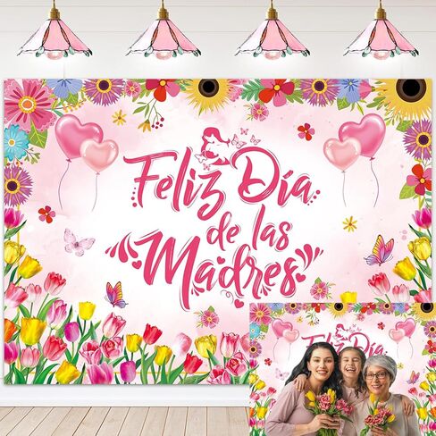 Feliz Dia de las Madres Backdrop 7x5FT Spanish Happy Mother's Day Photography Backdrop Pink Floral Feliz Dia Mama Mom Birthday Party Decoration Banner in Saudi Arabia