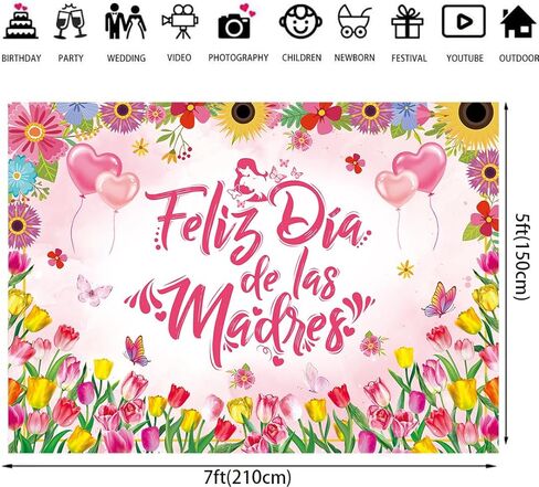Feliz Dia de las Madres Backdrop 7x5FT Spanish Happy Mother's Day Photography Backdrop Pink Floral Feliz Dia Mama Mom Birthday Party Decoration Banner in Saudi Arabia