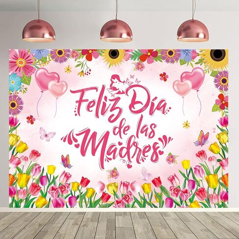 Feliz Dia de las Madres Backdrop 7x5FT Spanish Happy Mother's Day Photography Backdrop Pink Floral Feliz Dia Mama Mom Birthday Party Decoration Banner in Saudi Arabia