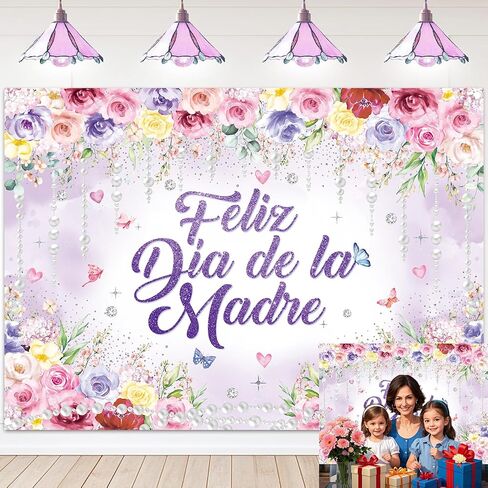 Feliz Día de La Madre Backdrop Purple Flowers Butterfly Mothers Day Background for Photography Mothers Day Party Decoration Photo Booth Props (7X5FT) in Saudi Arabia