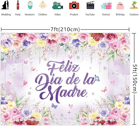 Feliz Día de La Madre Backdrop Purple Flowers Butterfly Mothers Day Background for Photography Mothers Day Party Decoration Photo Booth Props (7X5FT) in Saudi Arabia