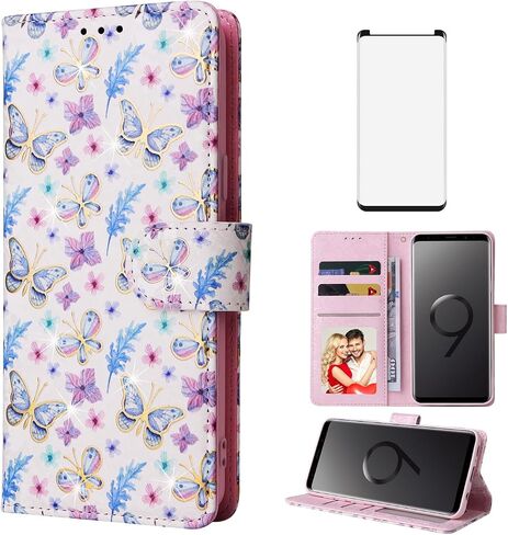 حالة هاتف ASUWISH لـ Samsung Galaxy S9 Wallet Lanyard Wrist Strap غطاء خلايا الوعرة مع زهرة الشاشة الزجاجية ذات الحامي ، حامل بطاقة زهرة in Saudi Arabia