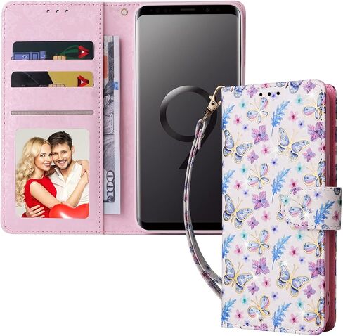 حالة هاتف ASUWISH لـ Samsung Galaxy S9 Wallet Lanyard Wrist Strap غطاء خلايا الوعرة مع زهرة الشاشة الزجاجية ذات الحامي ، حامل بطاقة زهرة in Saudi Arabia
