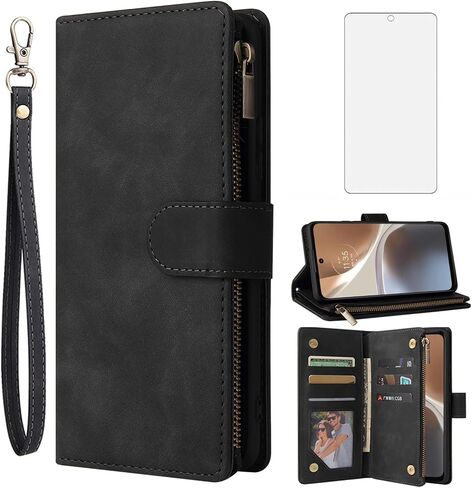 Asuwish Compatible with Motorola Moto G32 Wallet Case and Tempered Glass Screen Protector Leather Flip Cover Card Holder Stand Cell Accessories Shockproof Soft Phone Cases for MotoG32 G 32 Women Black in Saudi Arabia