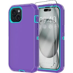 Annymall for iPhone 15 Case with 2 Screen Protector,Shockproof Drop Protection Full Body Heavy Duty 3-Layer Military Rugged Durable Phone Cover for Apple iPhone 15 6.1" (Black)