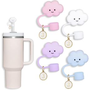 4Pcs Initial Straw Cover for Stanley Cup,Cute Silicone Flower Straw Topper with Letter Charm, Reusable Straw Caps for Tumbler -A