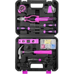SOLUDE Pink Tool Set,130 Piece Home Tool Kit for Women with 3.6V Cordless Rechargeable Screwdriver,Basic Toolkits for New House,Apartment,Dorm & DIY Projects
