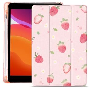 MAYCARI Strawberry Daisy Design Case for iPad 10.2 inch 2021/2020/2019 with Pencil Holder, Cute Floral iPad 9th/8th/7th Generation Soft TPU Back Protective Case, Auto Sleep/Wake Cover Slim Shell