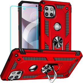 Yiakeng for Motorola One 5g Ace Case: Moto One 5g Ace Case with Screen Protector - Military Grade Protective Cases with Finger Ring Holder Kickstand for Motorola One 5g UW Ace Case(Red)