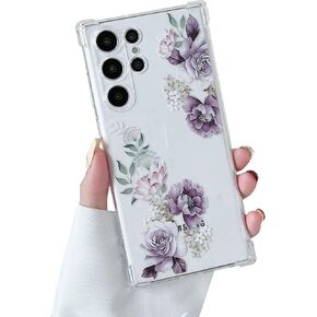 DEFBSC SOFT CASE متوافقة مع Samsung Galaxy S22 Ultra ، واضحة نمط زهرة تصميم طباعة الطباعة مرنة تغطية صدمة TPU للنساء الفتيات ، والهاتف واقية من الزهور ، Purple Peony
