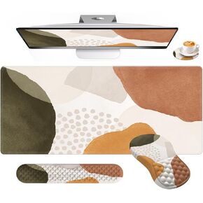 HAOCOO Desk Mat, Ergonomic Mouse Pad Wrist Support and Keyboard Wrist Rest, 4 PCS Computer Mouse Pads for Desk with Coaster Set, Memory Foam Mousepad with Non-Slip PU Base for Home Office, Boho