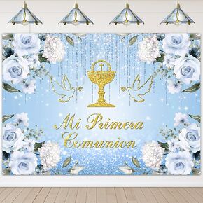 Avezano Mi Primera Comunion Backdrop Girls First Holy Communion Baptism Decorations Gold Grail God Bless Party Baby Shower Background (7x5ft, 83x59inch, Pink)
