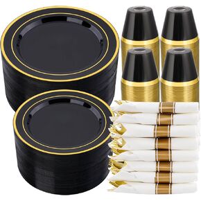 350 PCS White and Gold Plastic Dinnerware Set for 50 Guests, 100 Disposable Plates for Party, 50 Pre Rolled Napkins with Gold Silverware, 50 Cups