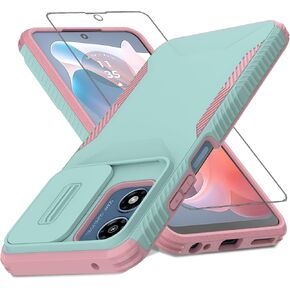 for Motorola G Play 5G 2024 Case,Moto G 5G Case, with 1 HD Screen Protector & Slide Camera Cover [Military-Grade] Heavy Duty Rugged Shockproof Protective Cover for Moto G 5G 2024(Cyan/Pink)