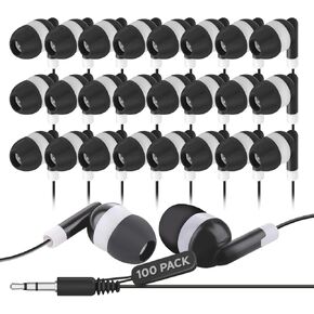 Bulk Earbuds 100 Pack | Wired in-Ear Earphones for Classroom, Students, Kids, and Libraries | Disposable Headphones with 3.5mm Jack, Perfect for Schools, Laptops, and Chromebooks, Black