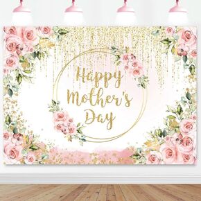 Mocsicka Mothers Day Backdrop 7x5ft Pink Flowers Happy Mothers Day Party Photography Backdrop Floral Thanks Mom Background Decorations