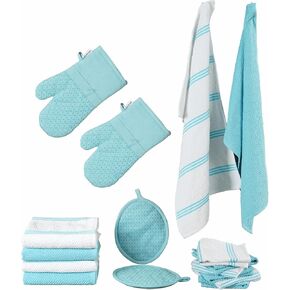 LANE LINEN Tea Towels for Kitchen - 16 Pc Kitchen Towel Set with Silicone Oven Mitts and Pot Holders Sets, Cotton Kitchen Towels, Absorbent Dish Towels, Hand Towels for Kitchen - Indigo