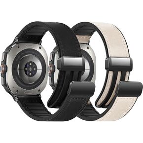 2 Pack Magnetic Leather Watch Band Compatible with Samsung Galaxy Watch Ultra 47mm (2024) Magnetic Buckle Design Adjustable Classic Wristbands Accessories Replacement Straps for Men and Women