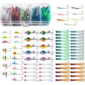 Goture Glow in the Dark Ice Fishing Jig Kit 30/69/70pcs Ice Fishing Eruck Mini Trouge و Boxed Winter Fishing Jigging و Luminous Spinner & Propeller Baits for Crappie Sunfish Berch Panfish Walleye